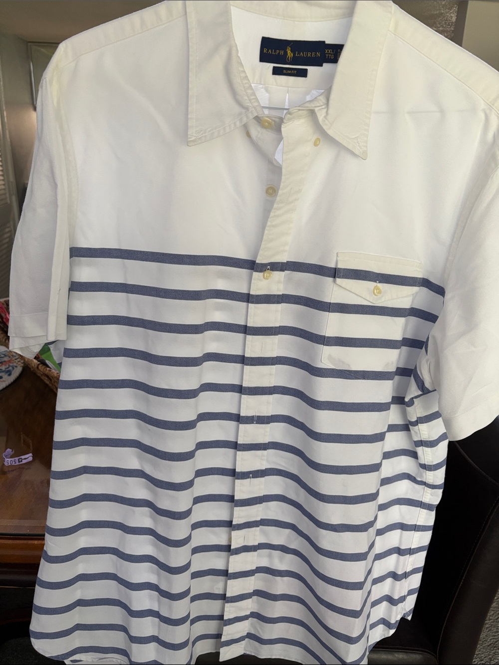 Ralph Lauren White Short-Sleeve Button-Down with Navy Stripes